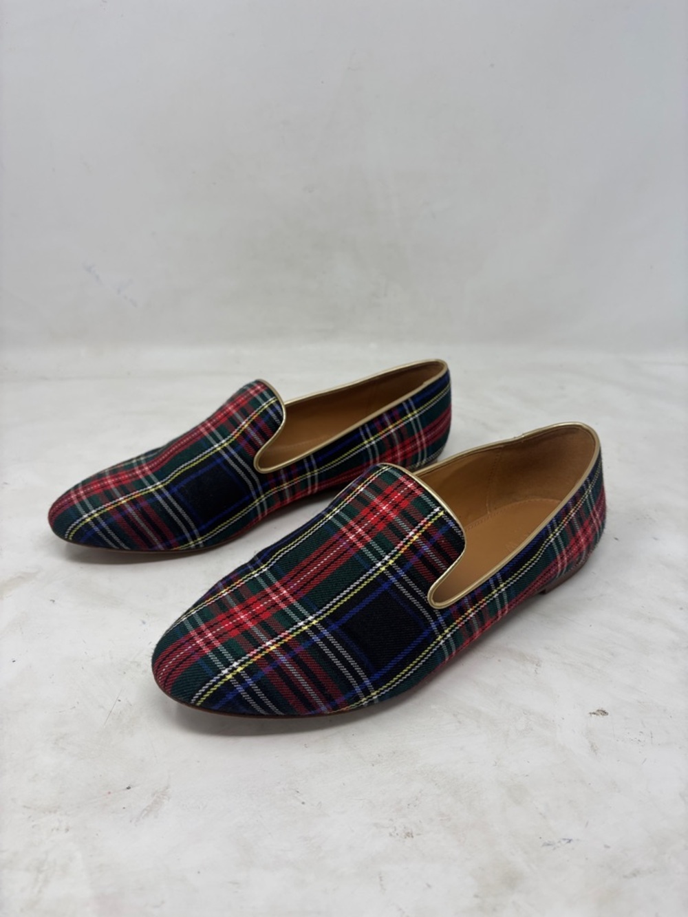 J. Crew Factory Plaid Slip-On Loafers in Red & Navy with Gold Trim